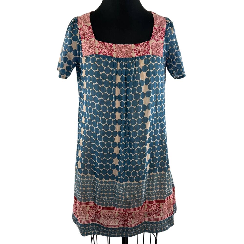 JOIE Blue Red Print Short Sleeve Silk Square Neck Women's Mini Shift Dress XS